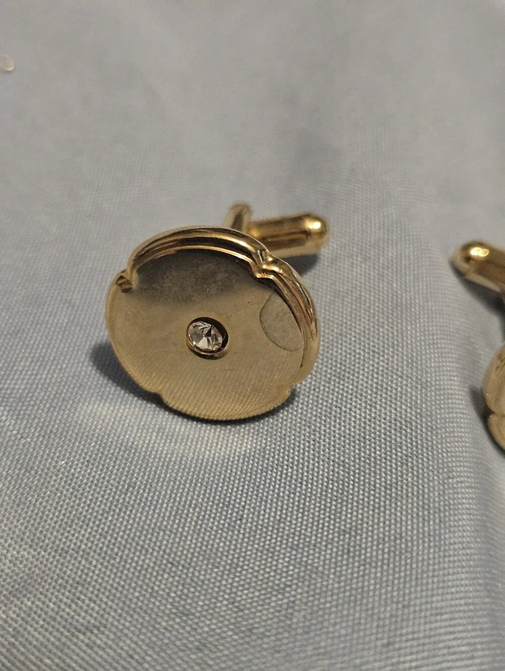 Vintage Mid Century Gold Tone Round Cufflinks Clear Rhinestone Bullet Back